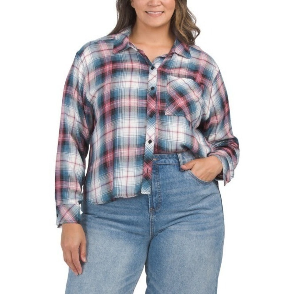Zac & Rachel Plaid Button Down Shirt Size 2X Blue Pink Rayon Lightweight NWT